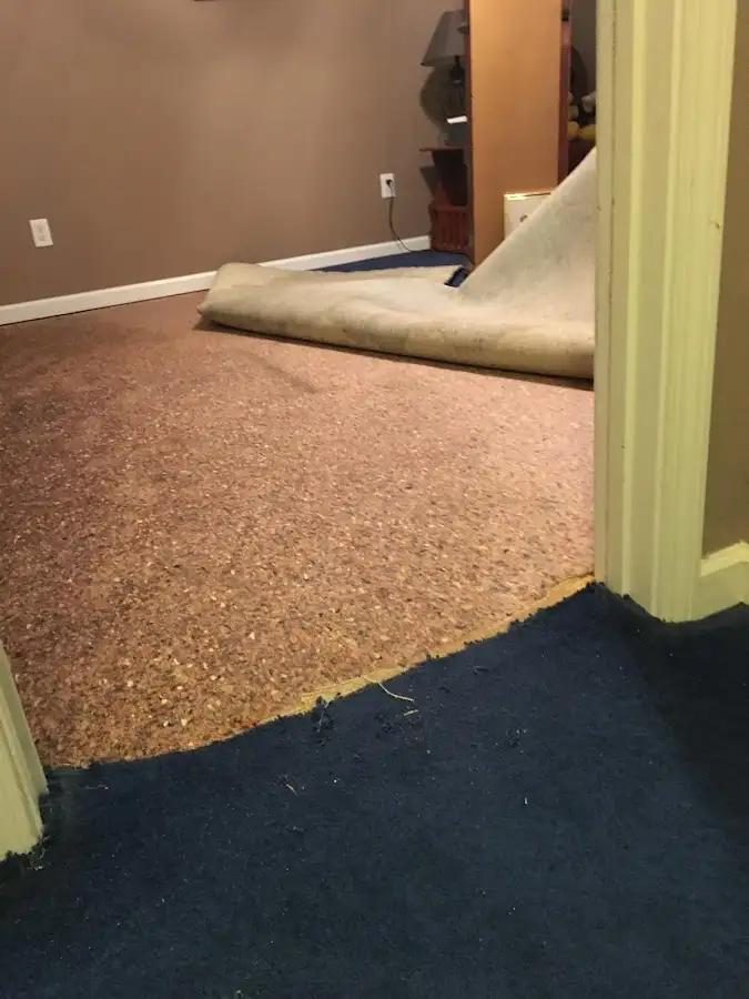Carpet pad removal revealing water damage during Drying & Dehumidification in Cinco Ranch